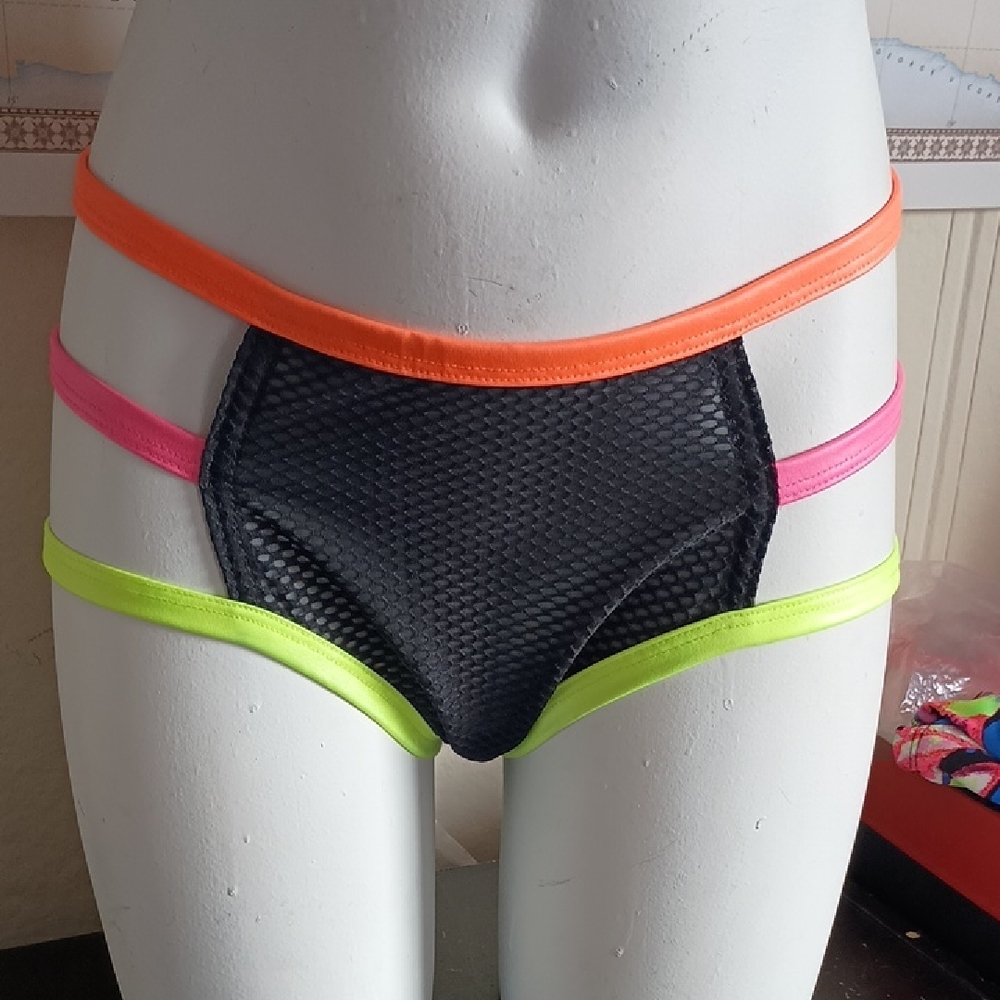 Mapale Black Mesh Bikini Bottom with Neon Orange, Pink & Lime Trim